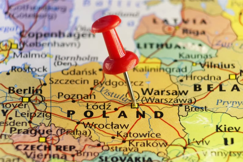 Red pushpin in map of Poland