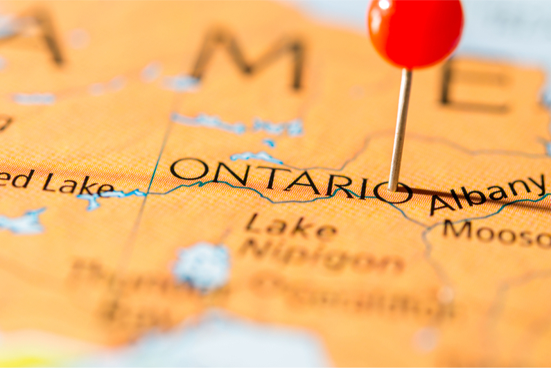 Pushpin marking Ontario on map